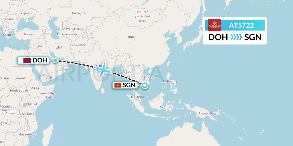 AT5722 Royal Air Maroc Flight Map: Doha to Ho Chi Minh City