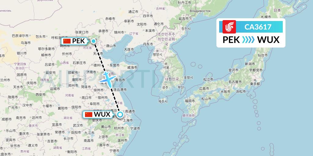 CA3617 Air China Flight Map: Beijing to Wuxi