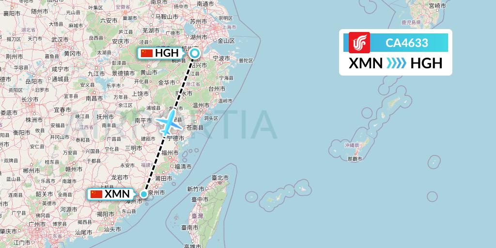 CA4633 Air China Flight Map: Xiamen to Hangzhou