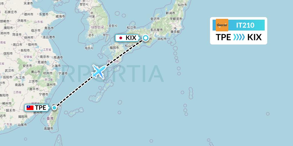 IT210 Tigerair Taiwan Flight Map: Taipei to Osaka
