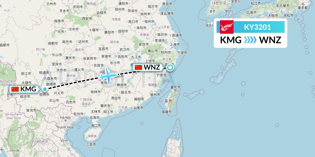 KY3201 Kunming Airlines Flight Map: Kunming to Wenzhou