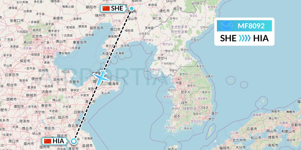 MF8092 Xiamen Airlines Flight Map: Shenyang to Huai'an
