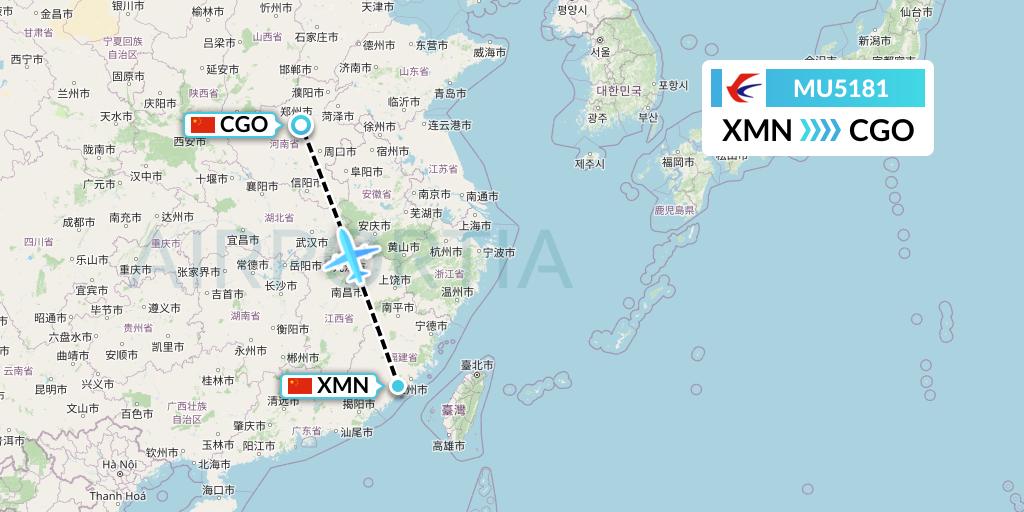 MU5181 China Eastern Airlines Flight Map: Xiamen to Zhengzhou