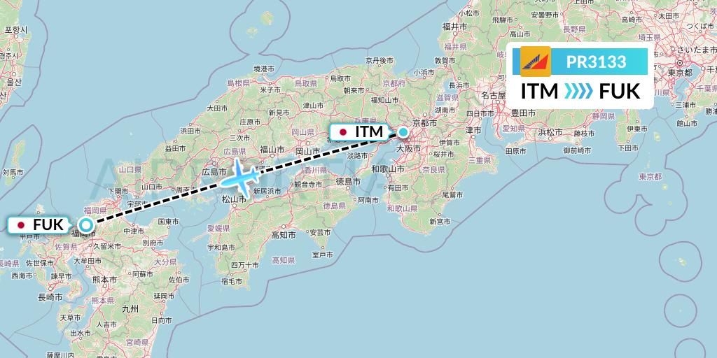 PR3133 Philippine Airlines Flight Map: Osaka to Fukuoka