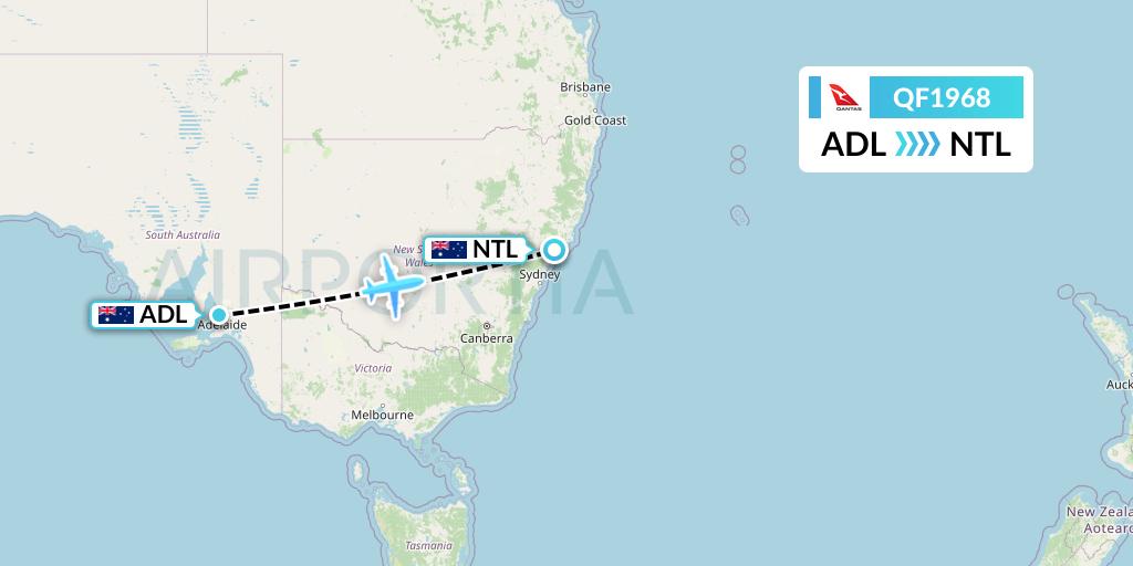 QF1968 Qantas Flight Map: Adelaide to Newcastle