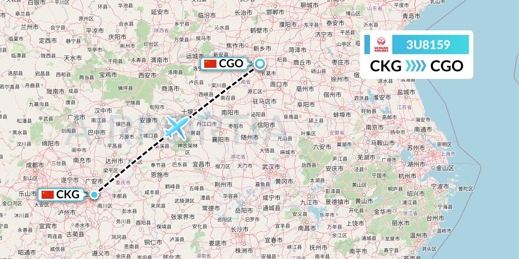 3U8159 Sichuan Airlines Flight Map: Chongqing to Zhengzhou