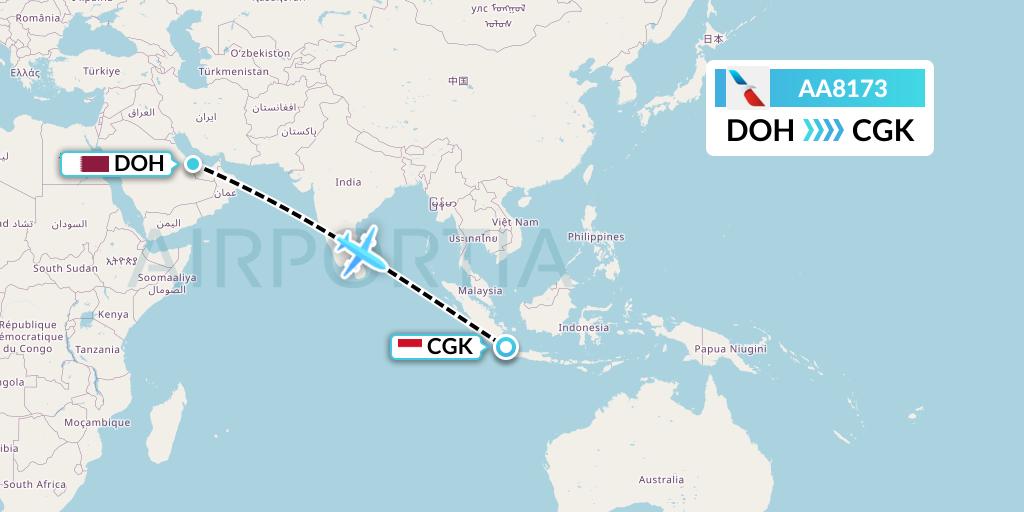AA8173 American Airlines Flight Map: Doha to Jakarta