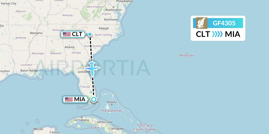 GF4305 Gulf Air Flight Map: Charlotte to Miami
