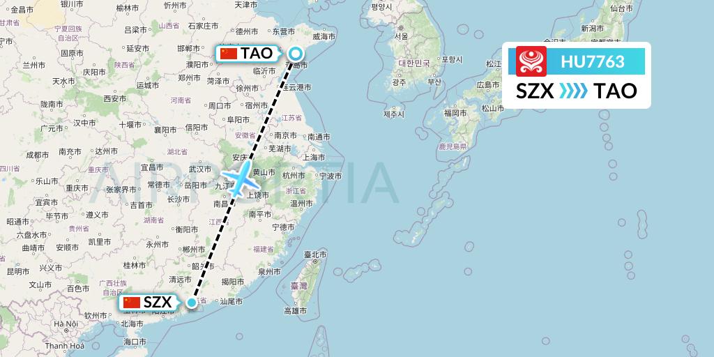 HU7763 Hainan Airlines Flight Map: Shenzhen to Qingdao