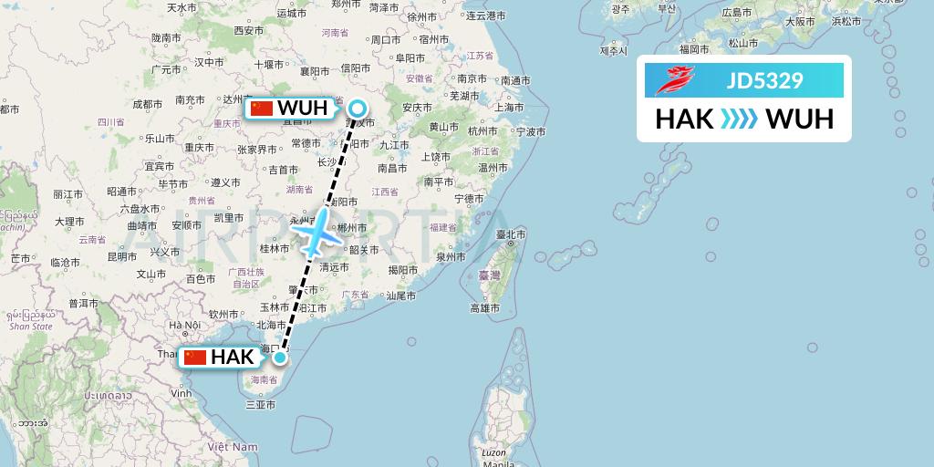 JD5329 Capital Airlines Flight Map: Haikou to Wuhan