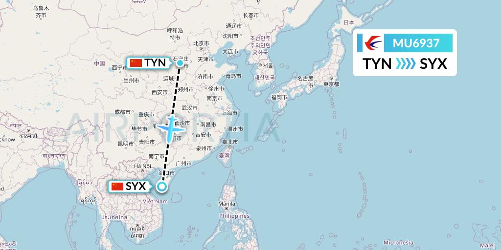 MU6937 China Eastern Airlines Flight Map: Taiyuan to Sanya