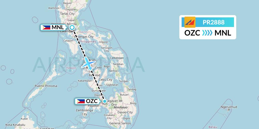 PR2888 Philippine Airlines Flight Map: Ozamiz to Manila