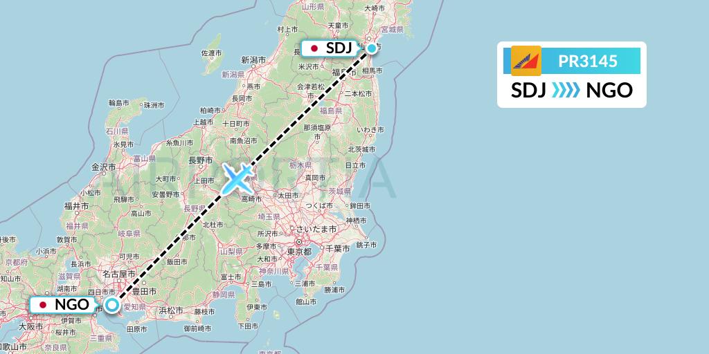 PR3145 Philippine Airlines Flight Map: Sendai to Nagoya