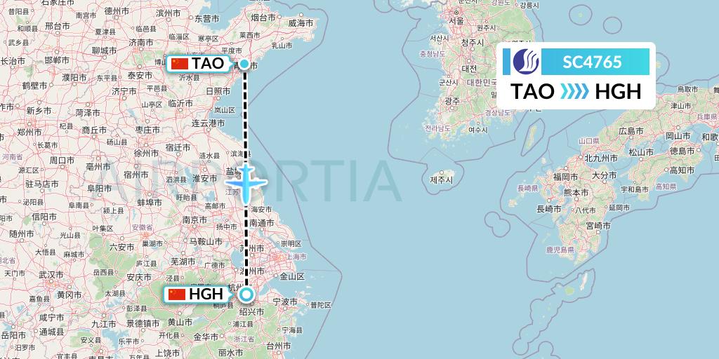 SC4765 Shandong Airlines Flight Map: Qingdao to Hangzhou