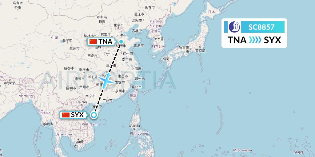 SC8857 Shandong Airlines Flight Map: Jinan to Sanya