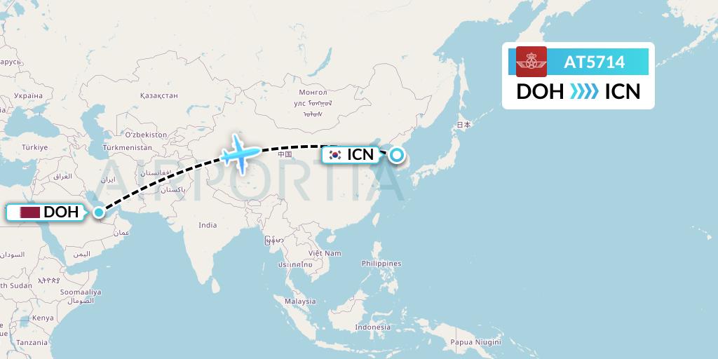 AT5714 Royal Air Maroc Flight Map: Doha to Seoul