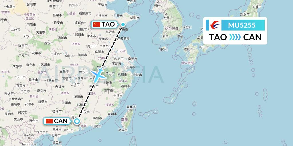 MU5255 China Eastern Airlines Flight Map: Qingdao to Guangzhou