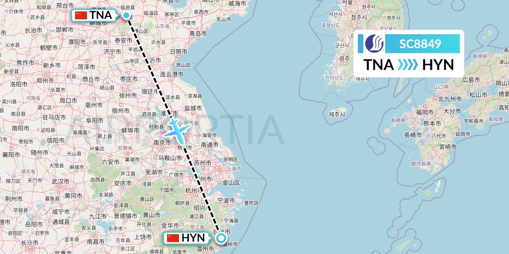 SC8849 Shandong Airlines Flight Map: Jinan to Huangyan