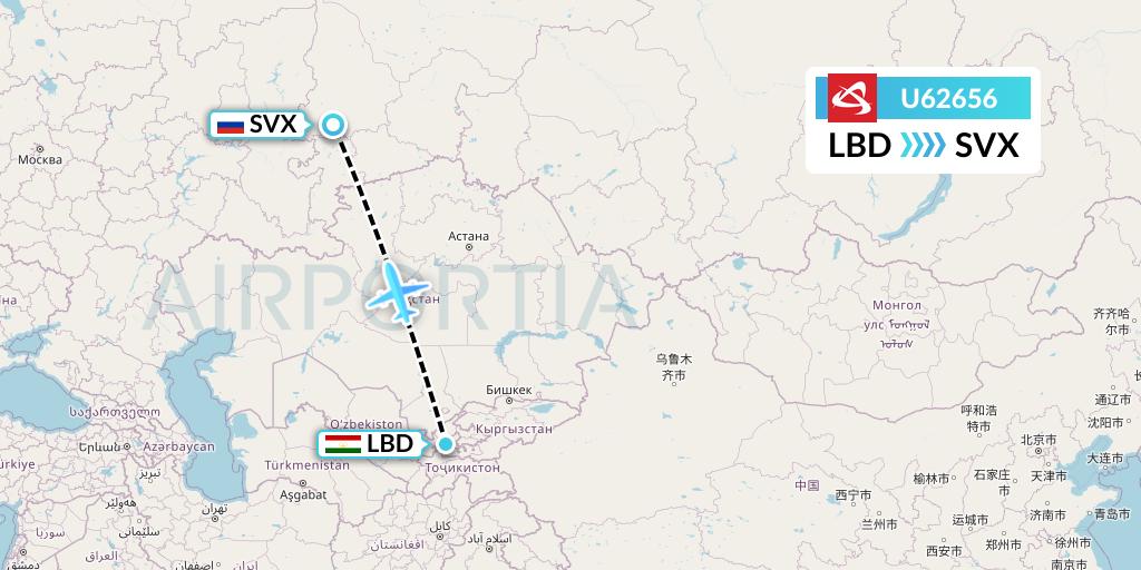 U62656 Ural Airlines Flight Map: Khudzhand to Yekaterinburg