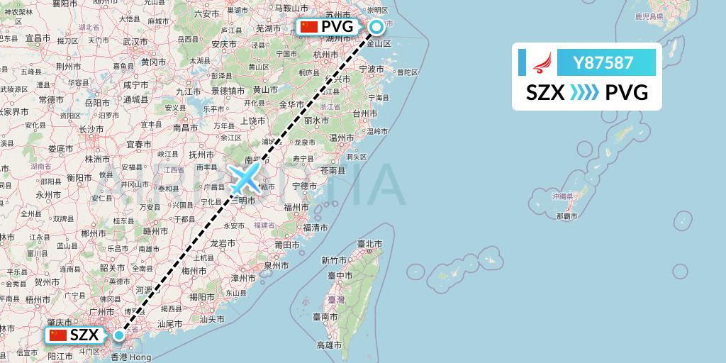 Y87587 Yangtze River Express Flight Map: Shenzhen to Shanghai