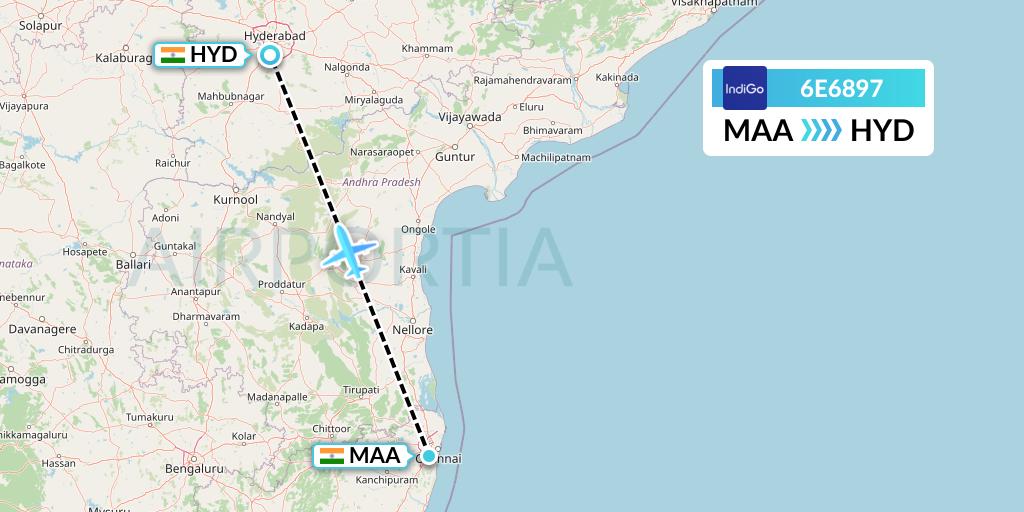 6E6897 IndiGo Airlines Flight Map: Chennai to Hyderabad