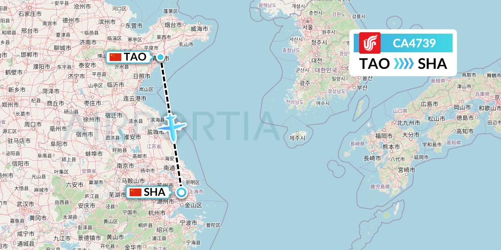 CA4739 Air China Flight Map: Qingdao to Shanghai