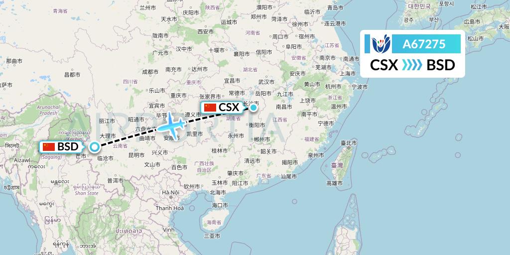 A67275 Hongtu Airlines Flight Map: Changsha to Baoshan