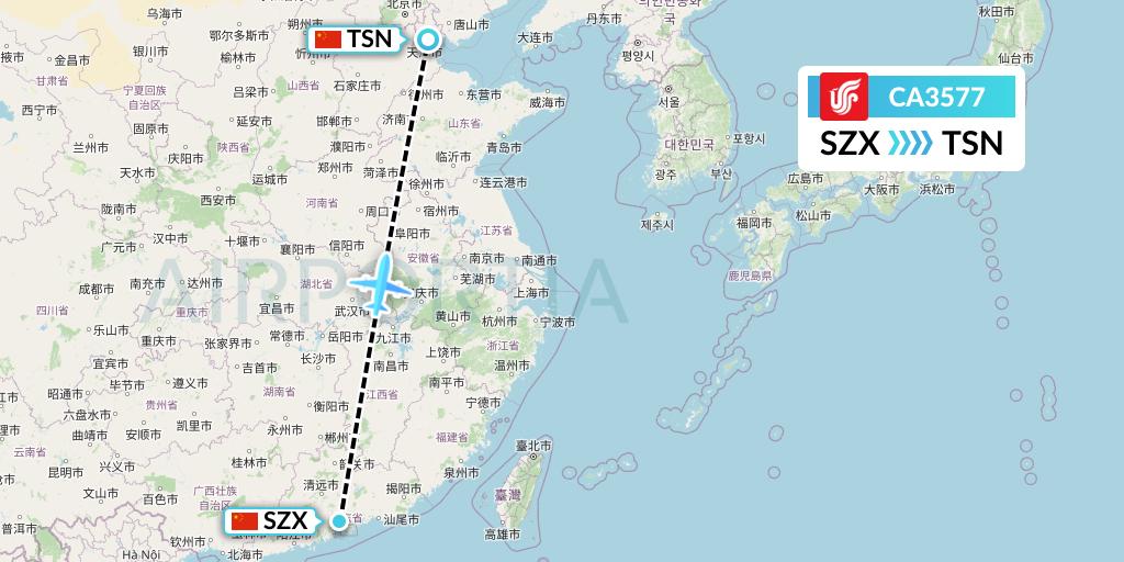 CA3577 Air China Flight Map: Shenzhen to Tianjin