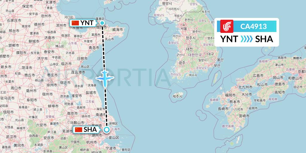 CA4913 Air China Flight Map: Yantai to Shanghai