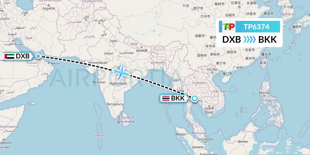 TP6374 TAP Portugal Flight Map: Dubai to Bangkok