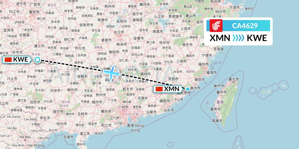 CA4629 Air China Flight Map: Xiamen to Guiyang