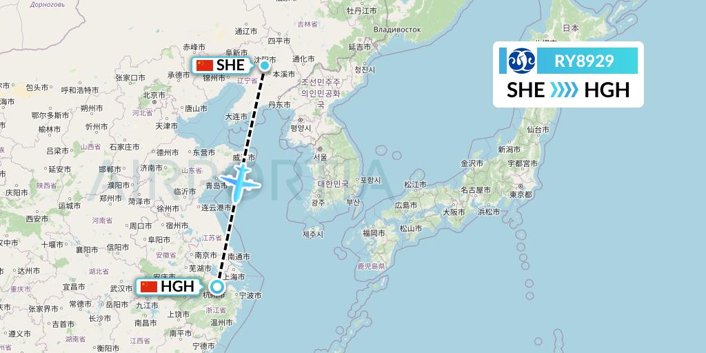 RY8929 Jiangxi Air Flight Map: Shenyang to Hangzhou