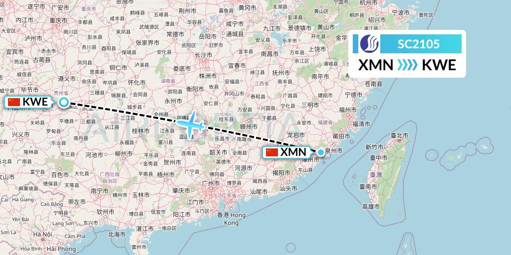 SC2105 Shandong Airlines Flight Map: Xiamen to Guiyang