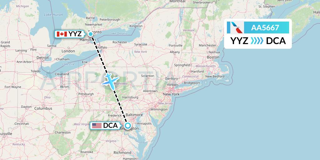 AA5667 American Airlines Flight Map: Toronto to Washington
