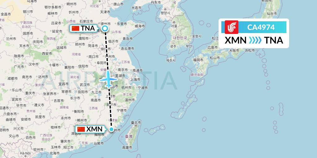 CA4974 Air China Flight Map: Xiamen to Jinan
