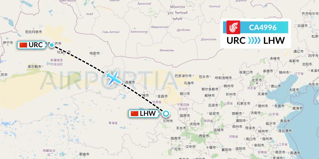 CA4996 Air China Flight Map: Urumqi to Lanzhou