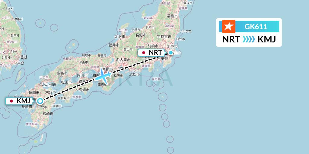 GK611 JetStar Japan Flight Map: Tokyo to Kumamoto