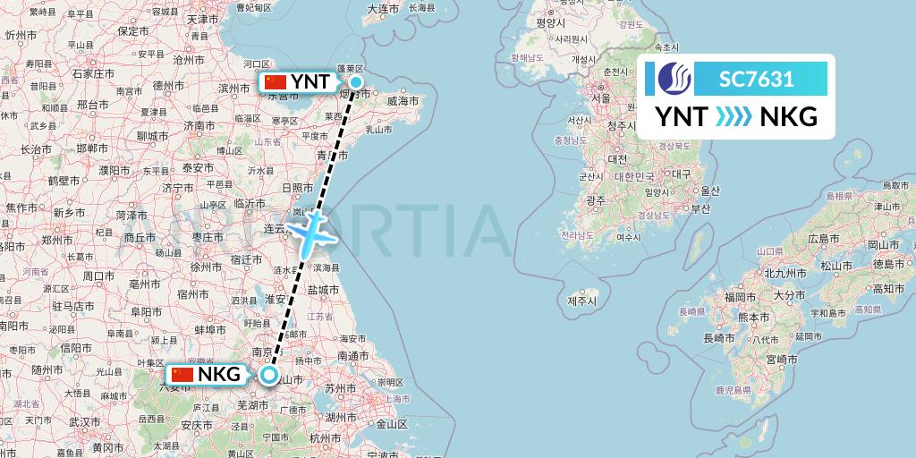 SC7631 Shandong Airlines Flight Map: Yantai to Nanjing