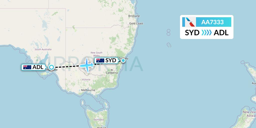 AA7333 American Airlines Flight Map: Sydney to Adelaide