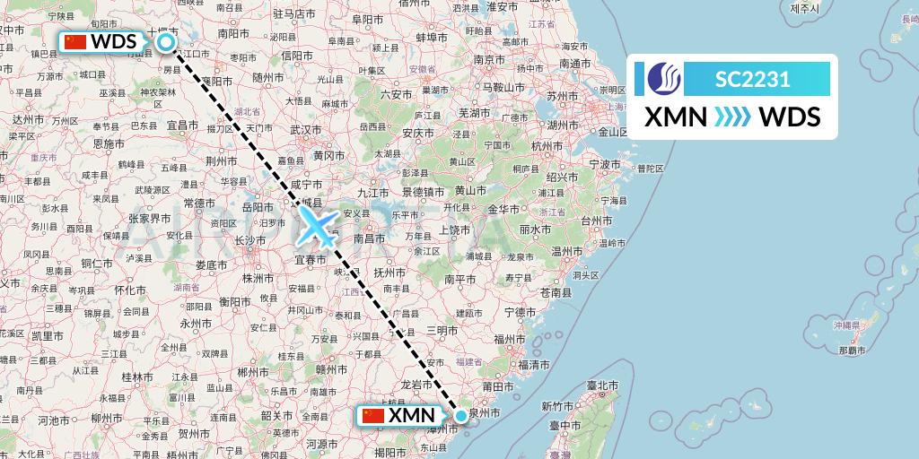 SC2231 Shandong Airlines Flight Map: Xiamen to Shiyan
