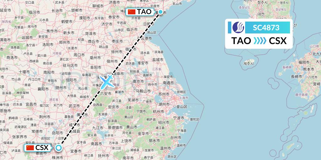 SC4873 Shandong Airlines Flight Map: Qingdao to Changsha