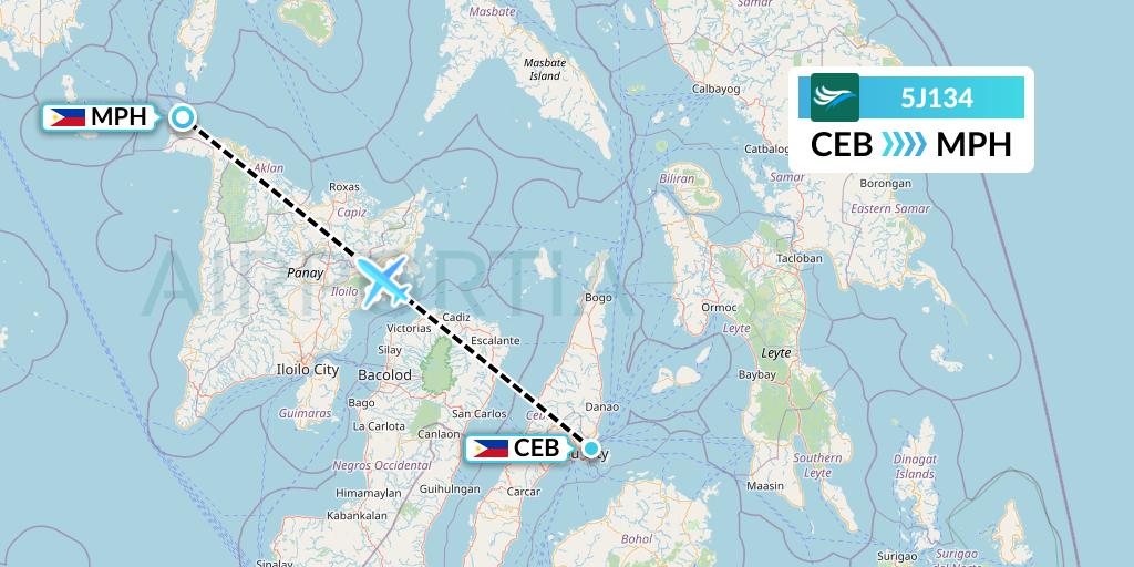 5J134 CEBU Pacific Air Flight Map: Cebu to Caticlan