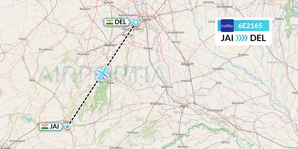 6E2165 IndiGo Airlines Flight Map: Jaipur to Delhi