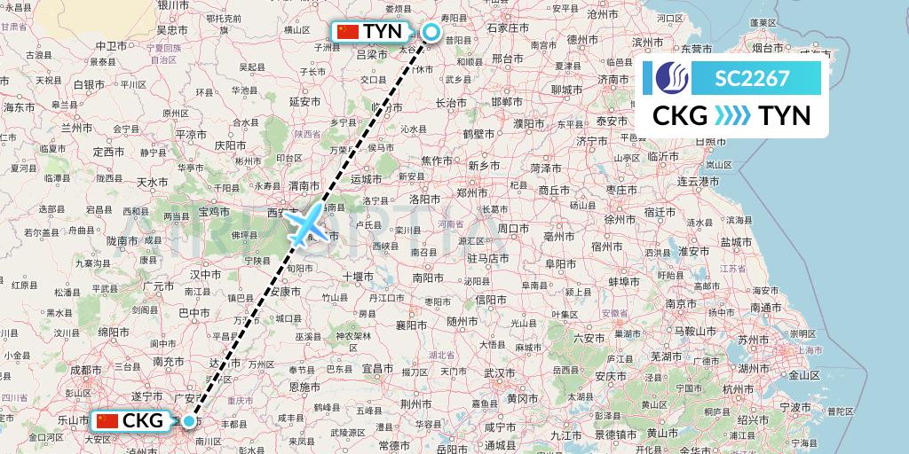 SC2267 Shandong Airlines Flight Map: Chongqing to Taiyuan