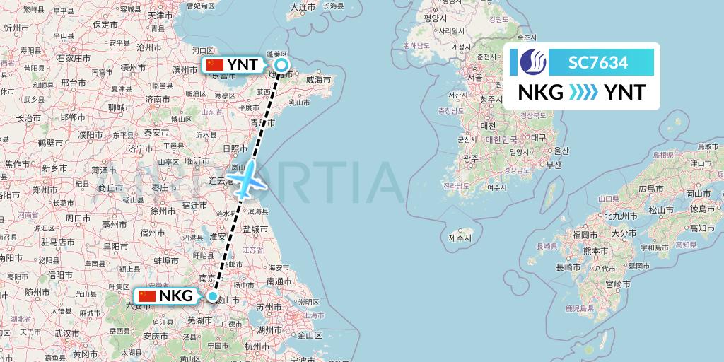 SC7634 Shandong Airlines Flight Map: Nanjing to Yantai