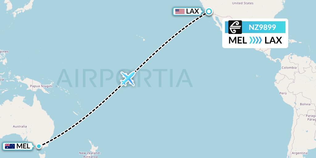 NZ9899 Air New Zealand Flight Map: Melbourne to Los Angeles