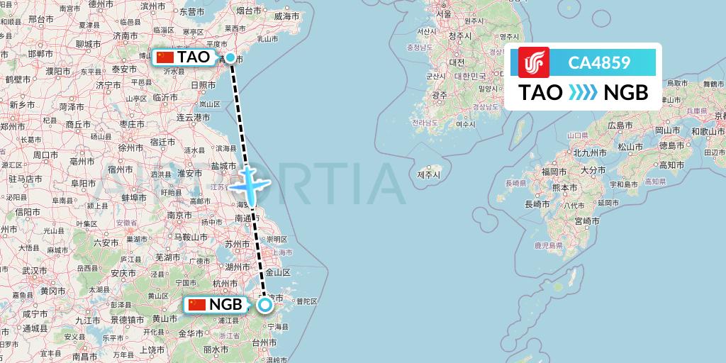 CA4859 Air China Flight Map: Qingdao to Ningbo