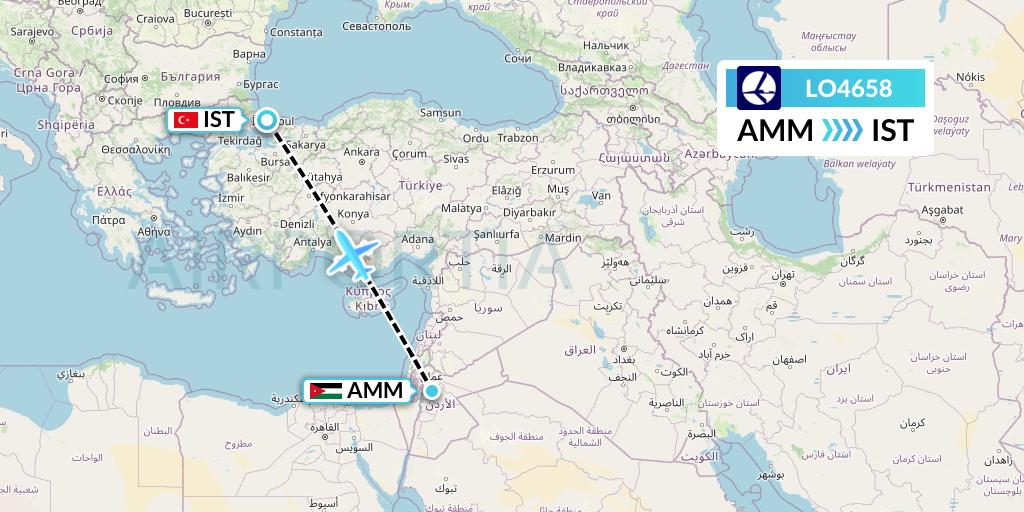 LO4658 LOT Flight Map: Amman to Istanbul