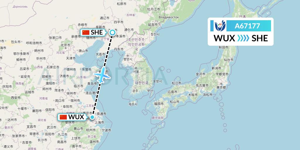 A67177 Hongtu Airlines Flight Map: Wuxi to Shenyang
