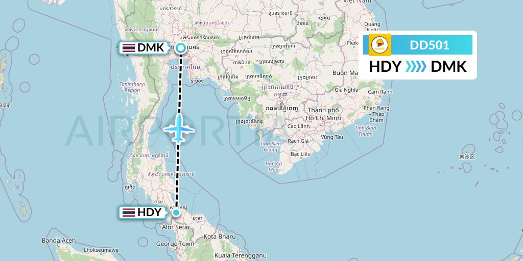 DD501 Nok Air Flight Map: Hat Yai to Bangkok